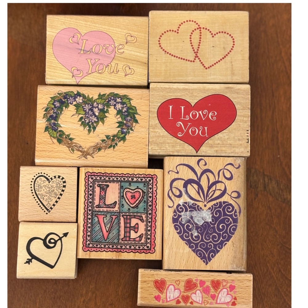 Set of 9 Valentines Day‎ Love Heart wood Stamps StampCraft & others Storage Case